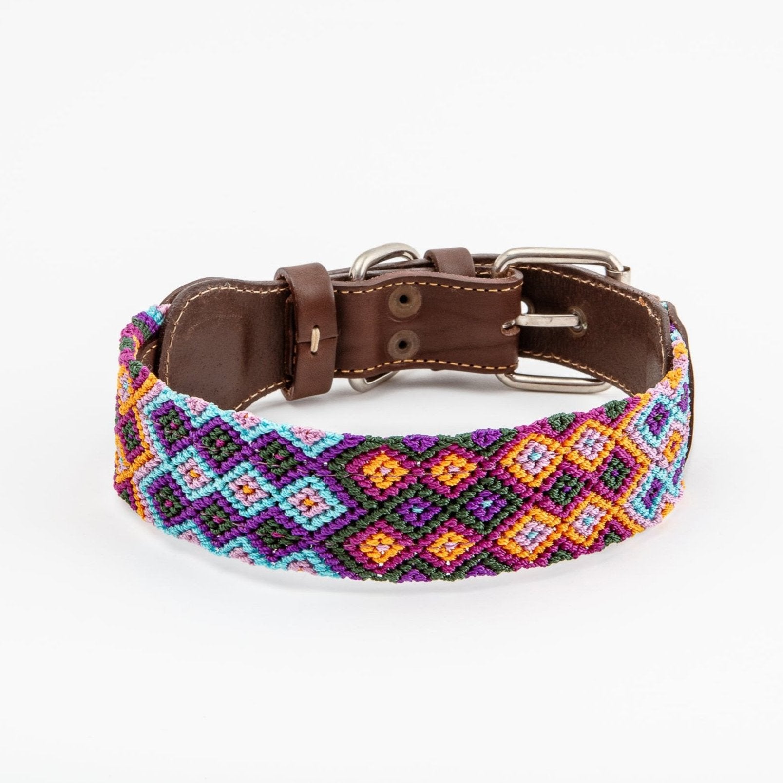 Huatulco Half embroidery Handmade Leather Dog Collar - Italian vegetable-tanned leather crafted in Portugal with Mexican handwoven macramé.