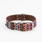 Huatulco full embroidery handmade leather dog collar with Mexican handwoven macramé and visible metal buckle.