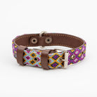 Huatulco handmade small dog collar with Italian vegetable-tanned leather and Mexican handwoven macramé crafted in Portugal.
